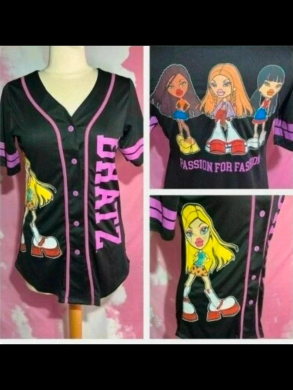Bratz Y2K Graphic Jersey Top Size L | Black Pink Cartoon Streetwear